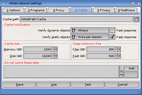 Network Settings: Cache Tab