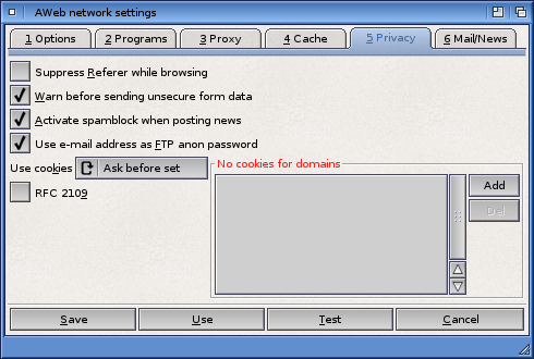 Network Settings: Privacy Tab